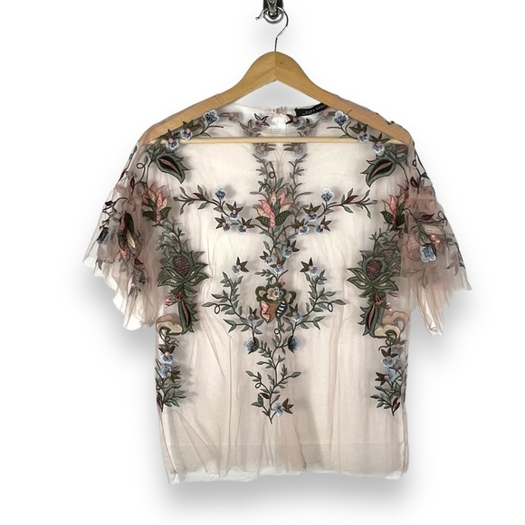 Zara Woman Embroidered Tulle Sheer Top Blouse, Blush Pink, Size XS - Picture 4 of 12